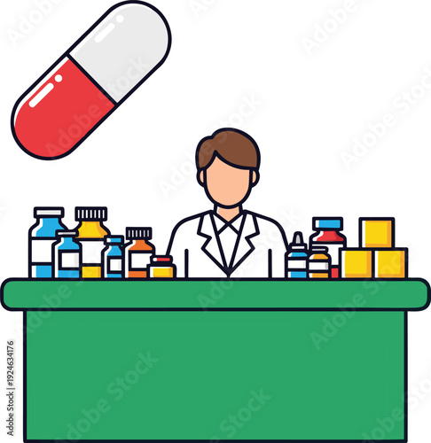 Pharmacist with medicines illustration, cartoon pharmacy counter scene with pill capsule and drug bottles, healthcare concept, medical service vector design