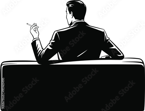 Man silhouette smoking cigarette, businessman sitting on sofa back view, black vector illustration isolated on white background