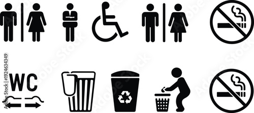 Public restroom and prohibition icons set, toilet signs wheelchair accessible no smoking trash recycle vector illustration