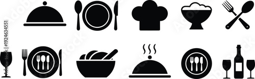 Restaurant and food service icons set with kitchen utensils chef hat wine dishes black silhouette vector collection