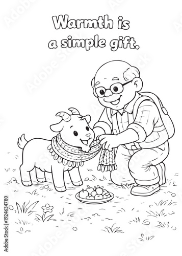 coloring book grandpa wrapping a warm blanket around his goat, giving a simple gift of warmth
