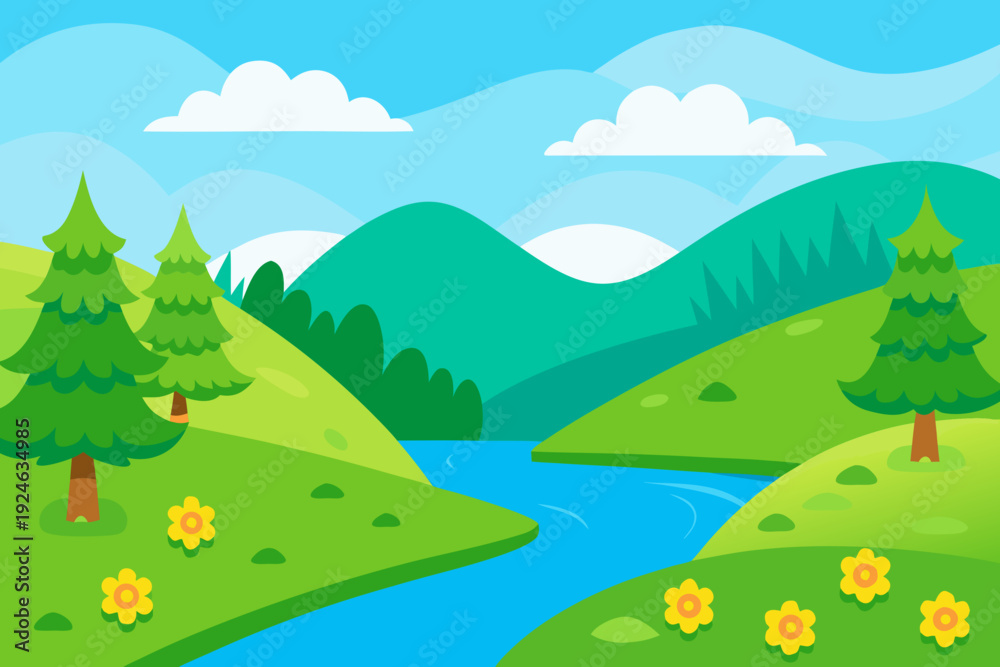 Fototapeta premium Summer River Landscape with Flowing Water and Green Trees 