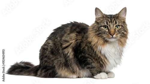 Foto a charming long-haired tabby cat with emerald green eyes sits calmly on a transparent background, showcasing its distinct tabby markings and luxurious, fluffy coat