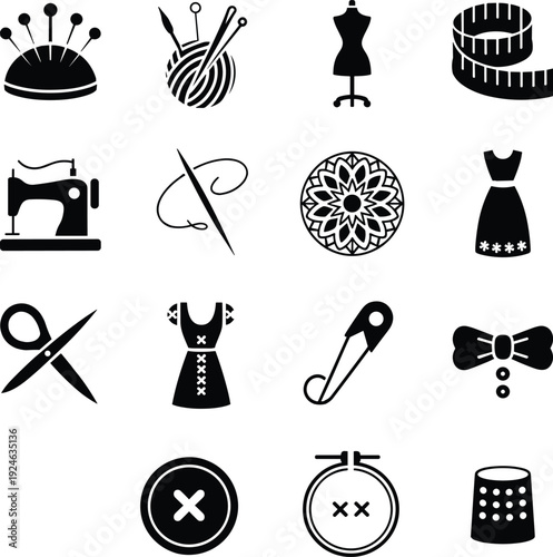 Sewing and tailoring icons set, fashion design tools collection including needle thread mannequin scissors thimble vector illustration