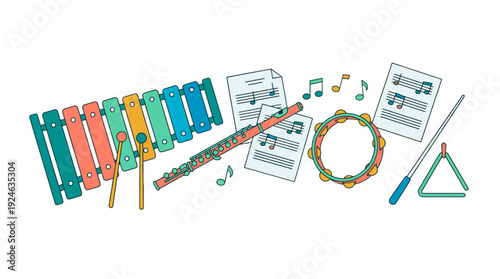 An array of colorful musical instruments and sheet music arranged for a melodic composition