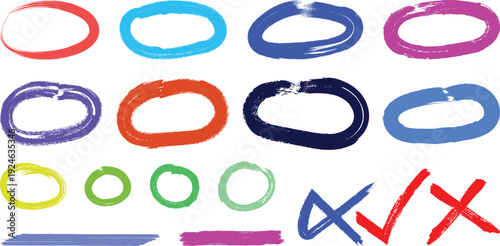 Vibrant colorful brush stroke circles and shapes on white background