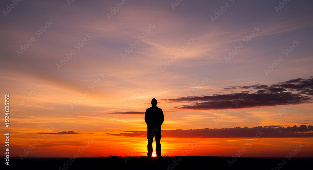 Fototapeta premium Silhouette of a man standing alone in a field against a vibrant