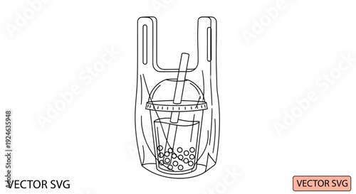 Bubble Tea Drink in Plastic Bag Line Art Vector Illustration