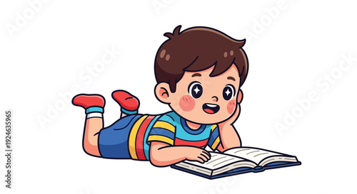A cheerful young boy lying on his stomach reading an open book against a clean white background with a joyful mood.