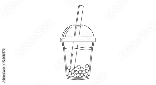 Bubble Tea Line Art Icon: Refreshing Drink with Tapioca Pearls and Straw