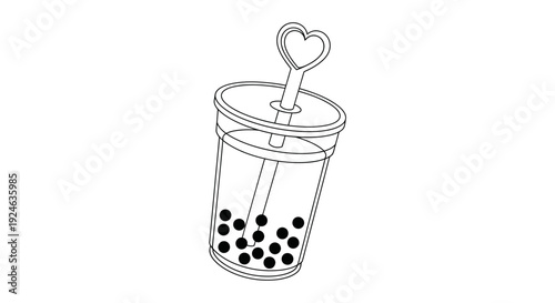 Bubble Tea Line Art Icon: Cute Heart Straw and Tapioca Pearls in a Cup