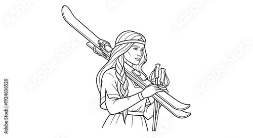 Woman with skis and poles, vintage style, outdoor adventure, winter sports, active lifestyle