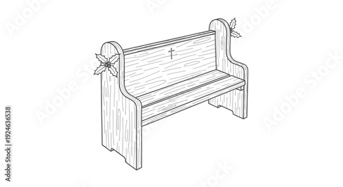 Wooden church pew with cross and poinsettias, black and white illustration