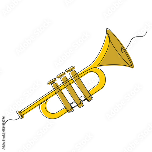 Continuous line sketch drawing of trumpet saxophone music instrument. Classic royal jazz orchestra single one line editable stroke vector illustration