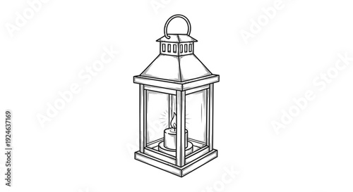 Vintage Lantern with Burning Candle, Hand-Drawn Sketch Style
