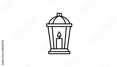 Vintage Lantern with Candle Flame Icon, Black and White Outline