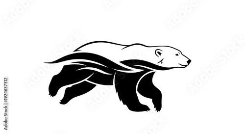 Black silhouette illustration of a polar bear running on ice for Polar Bear Day event with snow and iceberg design elements.