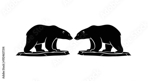 Black silhouette illustration of two polar bears facing each other on icebergs, celebrating Polar Bear Day and International Polar Bears event with a simple, graphic design.