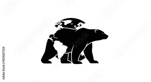 Black silhouette of a polar bear standing on ice with a globe on its back, symbolizing Polar Bears International on polar bear day.