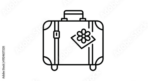 Vintage suitcase with flower tag, travel icon, line art, isolated on white background
