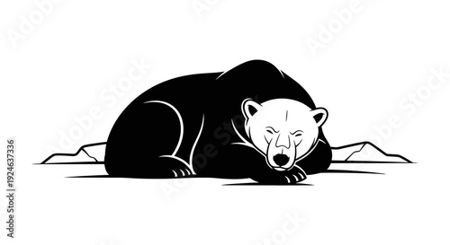 A black silhouette of a polar bear resting on ice with a white face, set against a minimalist design for Polar Bears International Day, featuring a simple iceberg and mountain range in the