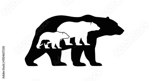 Black silhouette illustration of a polar bear and her cub walking together, representing Polar Bears International on a white background with snow and iceberg elements for Polar Bear Day.