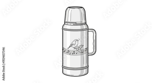 Vintage Thermos Flask with Bird and Music Notes Illustration