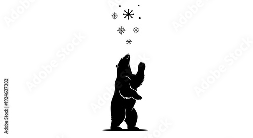 Black silhouette of a polar bear standing on its hind legs, surrounded by snowflakes and stars on a white background, celebrating Polar Bear Day with an international design event theme.