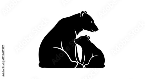 Black silhouette illustration of a polar bear and cub on iceberg for Polar Bear Day or International Polar Bear Day design event with snow and white background