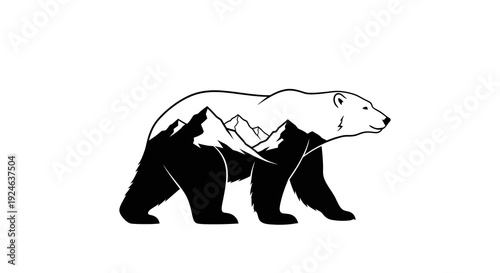 Black silhouette of a polar bear on an iceberg with mountains, celebrating Polar Bear Day and International Polar Bears event in a simple vector illustration design.