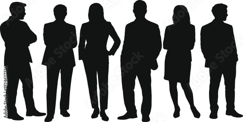 PrintSilhouette group of business people standing together, corporate teamwork concept, professional diversity, leadership, collaboration, office culture illustrationf