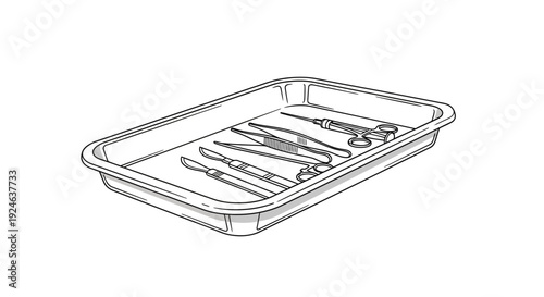 Surgical Instruments Tray: Scalpel, Forceps, Scissors, Syringe - Medical Equipment Illustration