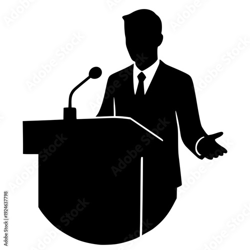 Black silhouette of a businessman or politician giving a speech at a podium with a microphone. Professional male orator gesturing during a presentation.