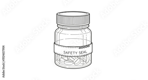 Transparent pill bottle with safety seal and white tablets inside, isolated on white background