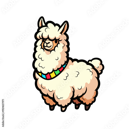 Alpaca with fluffy fur on white background