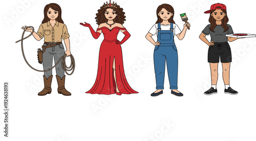 Set of Women in Different Professions Including Cowgirl Queen Painter and Delivery Worker, Female Career Characters Vector Illustration