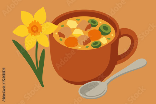 Cup of traditional Welsh cawl soup with leek pieces, spoon, daffodil garnish, cozy flat vector food illustration