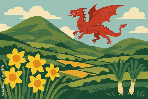 Landscape scene of Welsh hills with red dragon flying, fields of yellow daffodils, leeks in foreground, flat illustrative style