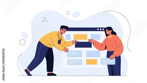 Teamwork collaboration: people designing website interface on screen