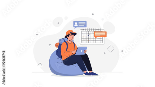 Traveler working on laptop, planning trip, digital nomad lifestyle, freelance work