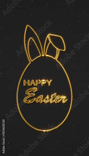 Vertical illustration of Happy Easter greeting card with a golden Easter egg and rabbit ears, handwritten holiday wishes on dark background whith sparkle - vacation concept.
