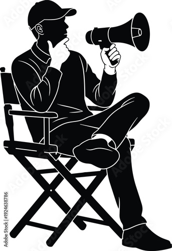 Silhouette of film director sitting in chair with megaphone, black vector artwork symbolizing creativity, leadership, decision-making, and artistic authority in cinema and theater