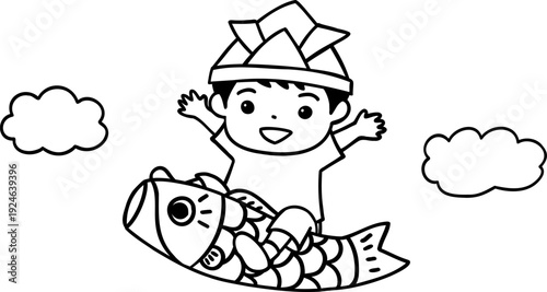 こいのぼりに乗った男の子の線画イラスト
