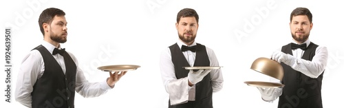 Set of male waiter on white...