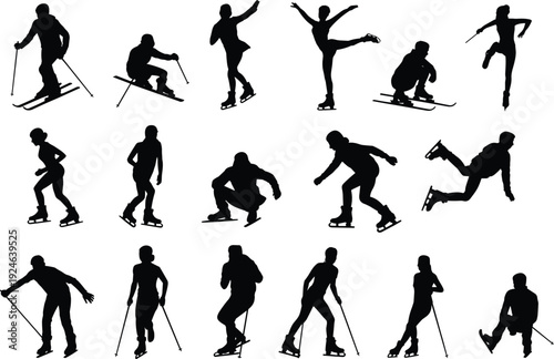 PrintSilhouette of winter sports athletes skiing, skating, ice dancing, figure skating, 