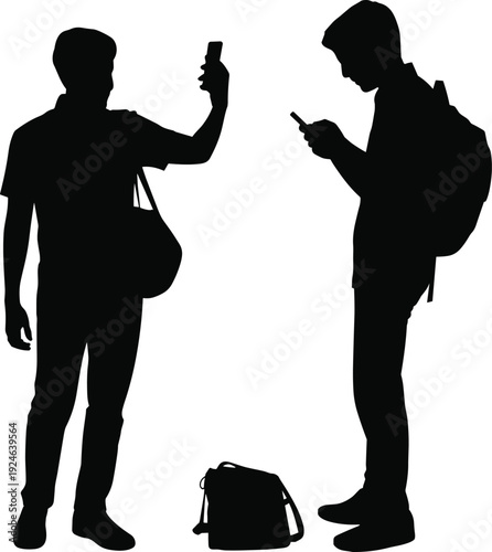 PrintSilhouette of two people using smartphones, modern digital interaction, mobile technology, casual fashion, everyday lifestyle illustration