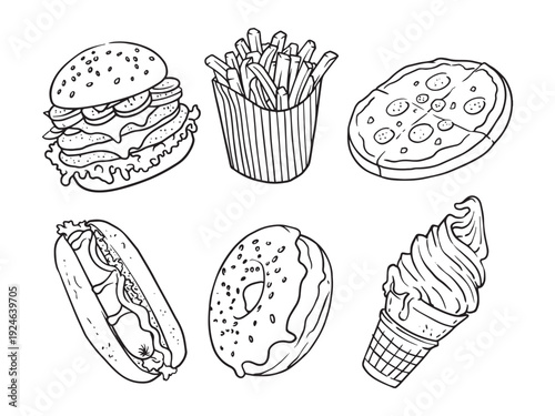 doodle fast food or junk food illustrations outline style