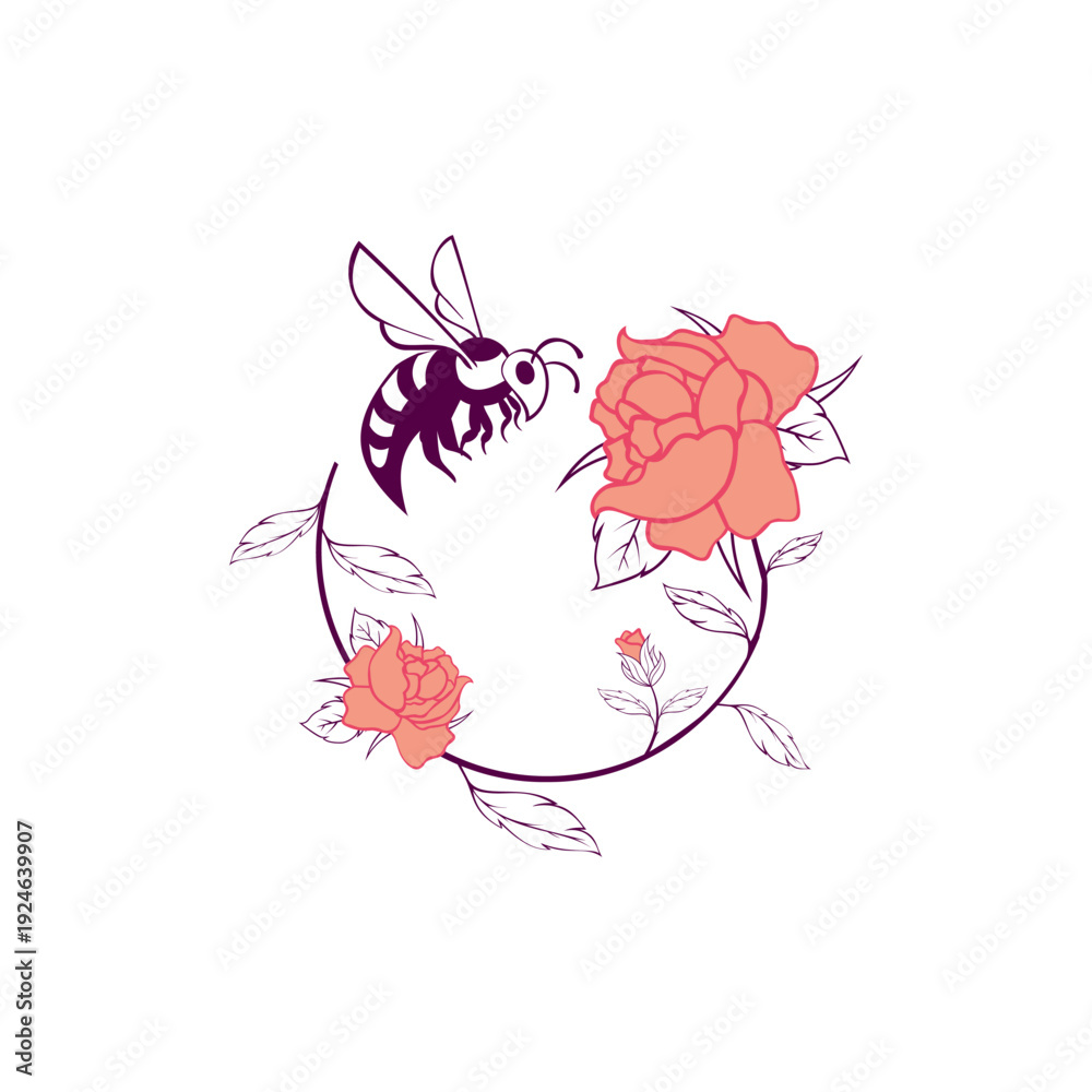 Fototapeta premium Circular Floral Wreath Vector with Honeybee and Pink Roses