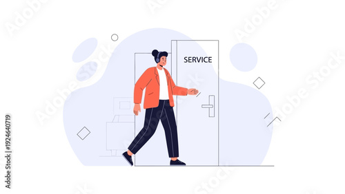 Customer service icon, person walking towards service door, business concept illustration