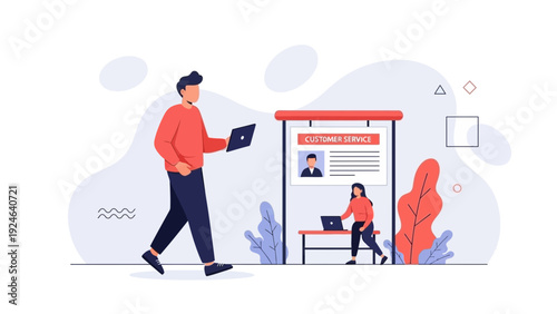 Customer service desk with staff assisting clients, business support, help desk concept